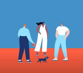 Illustrative image of three people and a dog on a lead on a flat blue and orange background