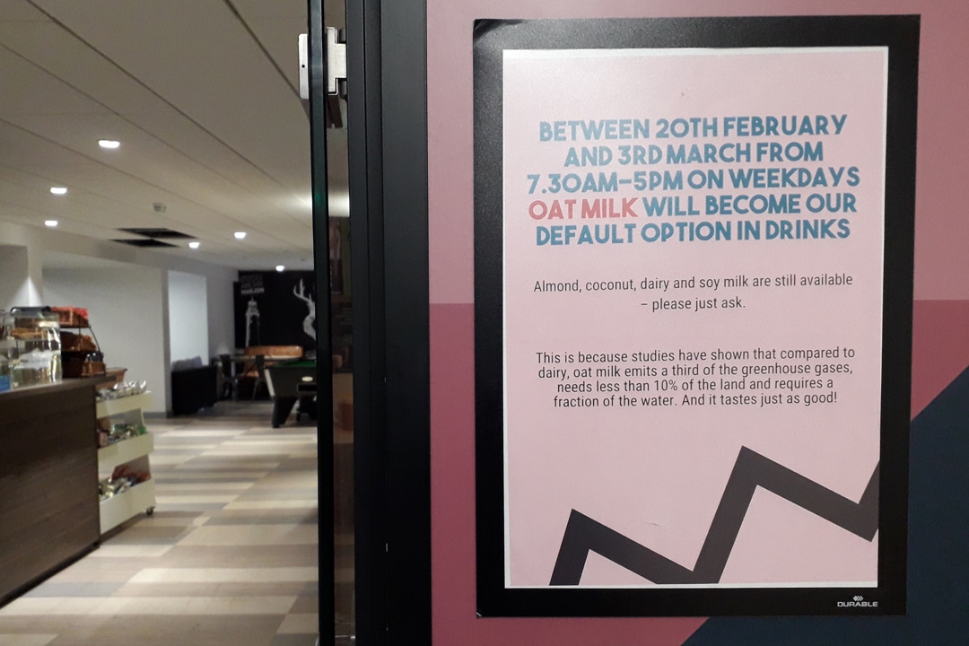 One of the signs displayed in Barjon Café promoting plant-based milk consumption