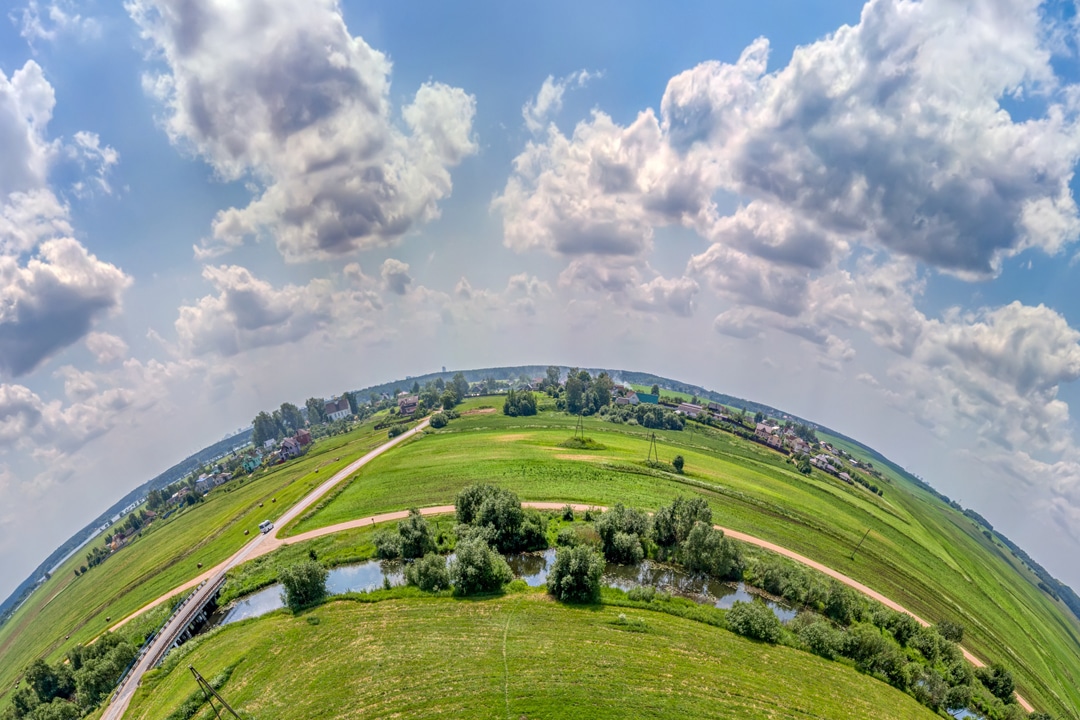 Planet with village and fields aerial view