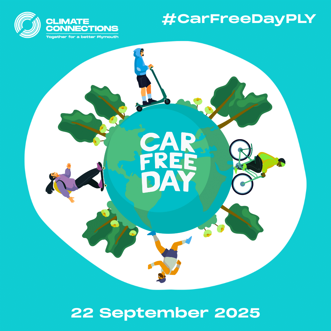 Image shows a teal background with an illustration of people using sustainable travel methods with the Climate Connections logo in the top left corner, #CarFreeDayPLY in the right top corner and the date of the event at the bottom.