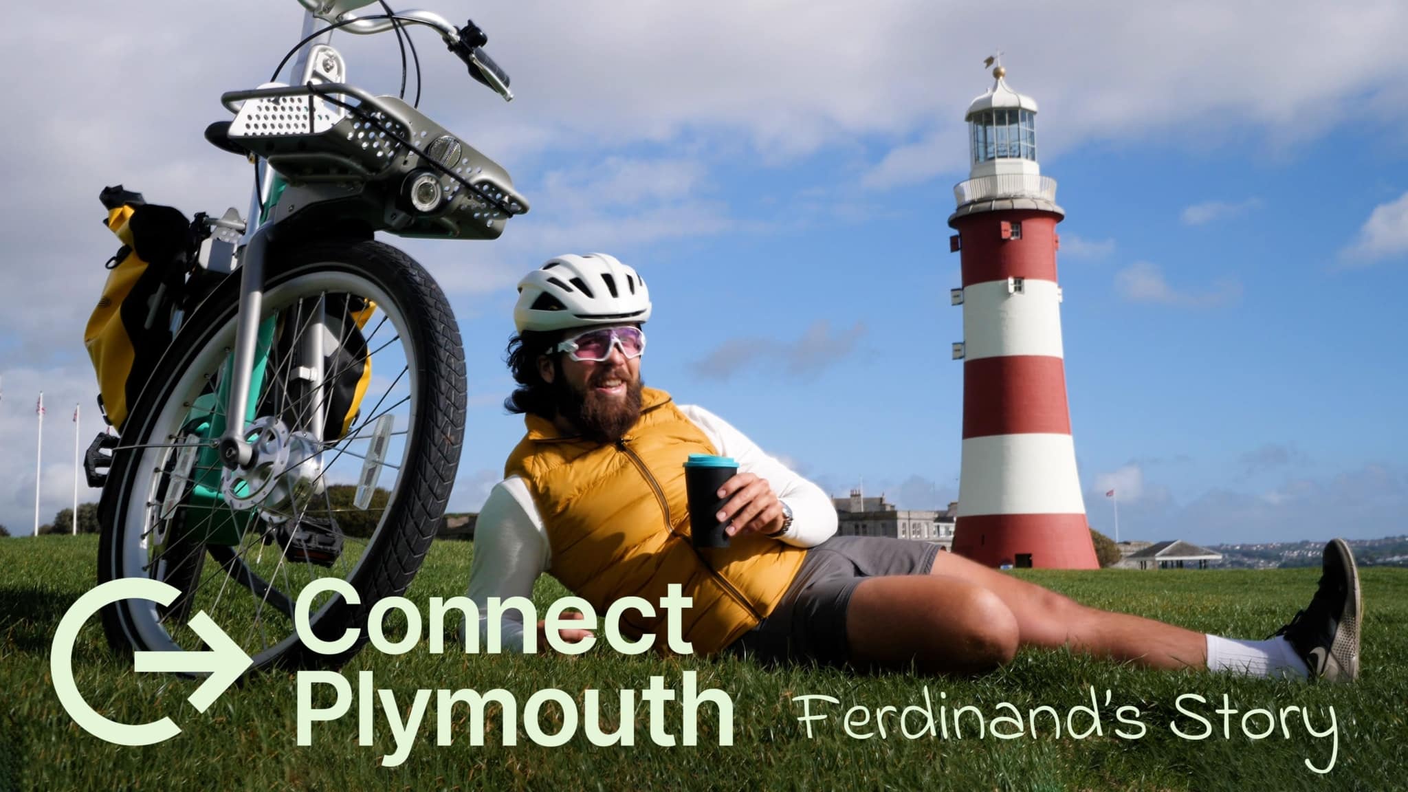 Image shows Ferdinand on Plymouth Hoe with Smeatons Tower in the background, and with Ferdinand in the foreground with his Beryl Bike