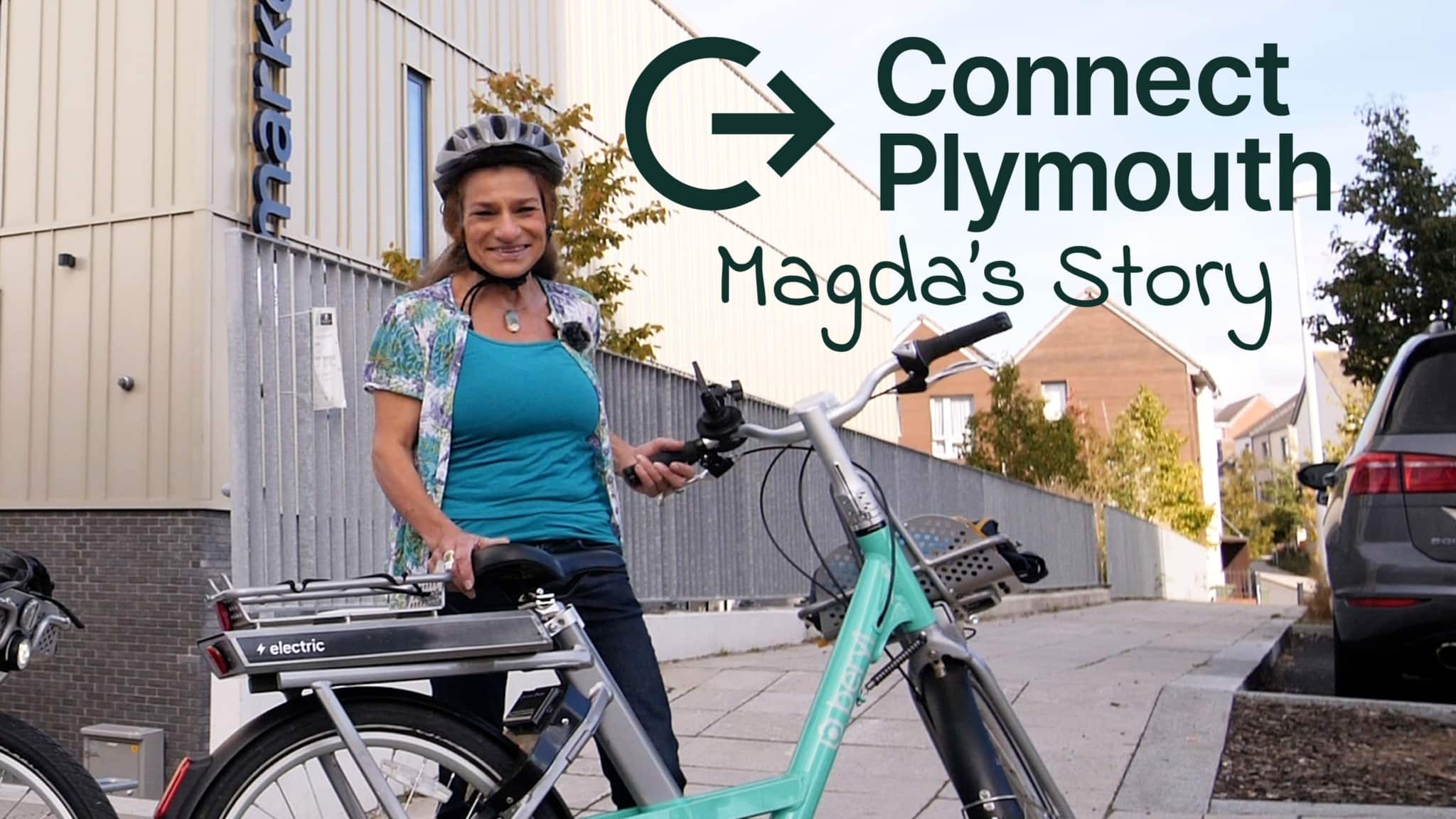Image shows Magda, a woman with a bike helmet on with her Beryl Bike with the Connect Plymouth logo in the top right corner and Magda's Story in text underneath